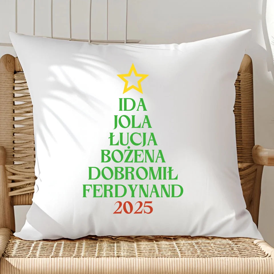 Rodzinna choinka bożonarodzeniowa - poduszka, spersonalizowany prezent dla rodziny