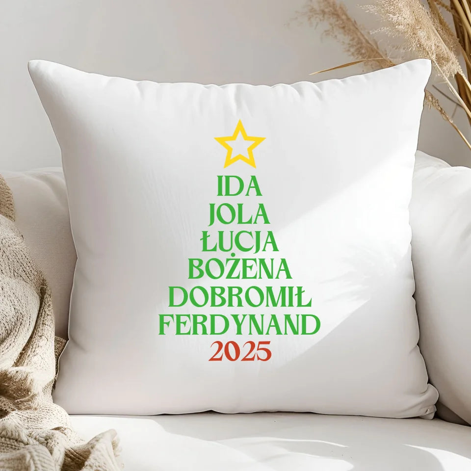 Rodzinna choinka bożonarodzeniowa - poduszka, spersonalizowany prezent dla rodziny