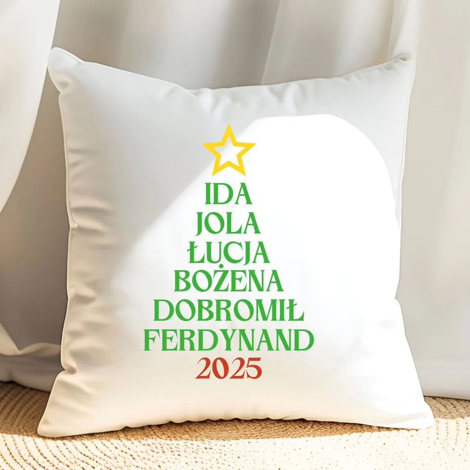 Rodzinna choinka bożonarodzeniowa - poduszka, spersonalizowany prezent dla rodziny