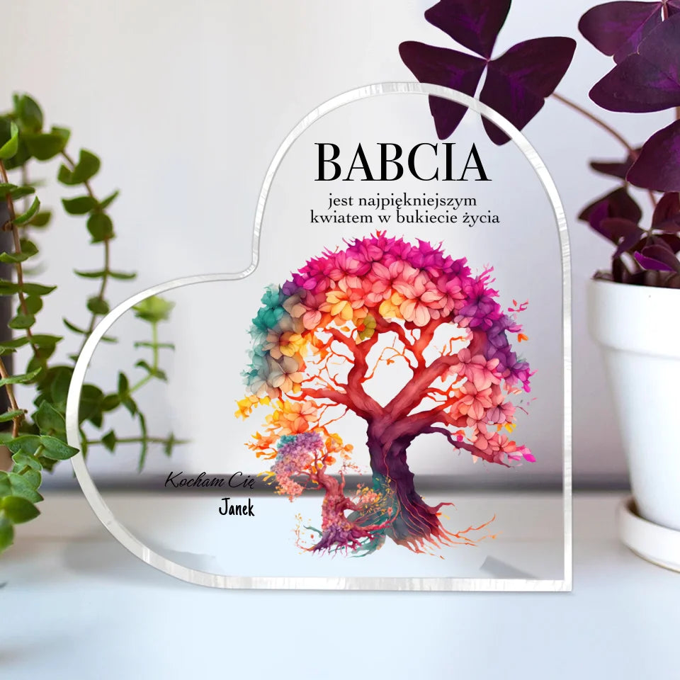 BABCIA JEST NAJPIĘKNIEJSZYM KWIATEM - akrylowe serce, spersonalizowany prezent dla babci