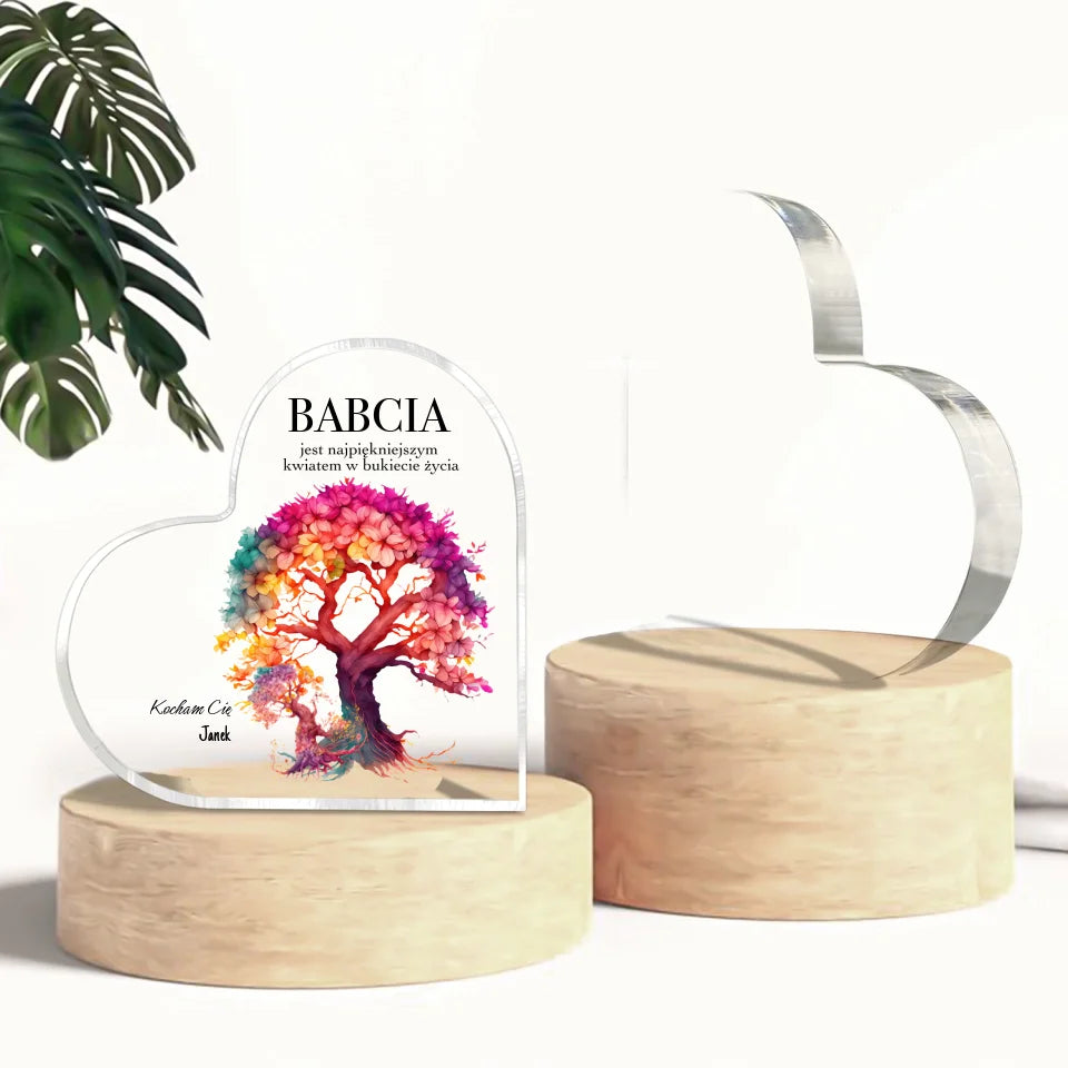 BABCIA JEST NAJPIĘKNIEJSZYM KWIATEM - akrylowe serce, spersonalizowany prezent dla babci