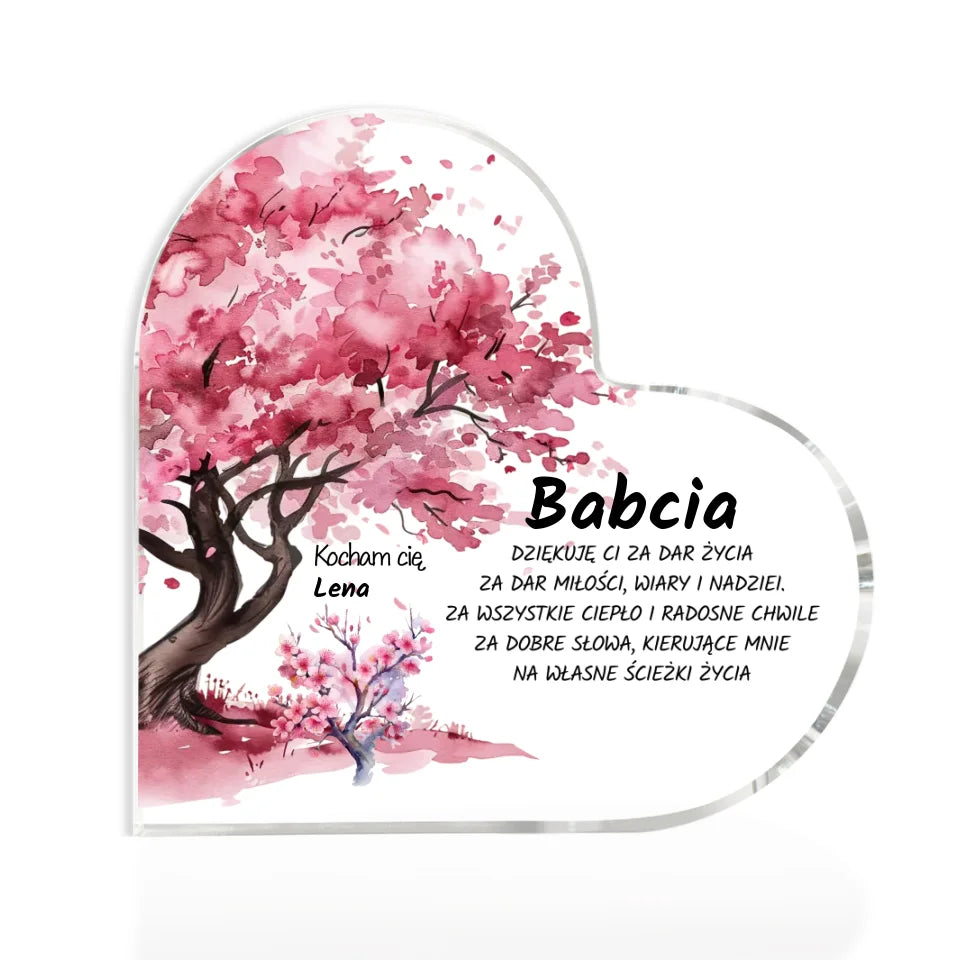 Serce z pięknym drzewkiem dla babci - akrylowe serce, spersonalizowany prezent dla babci