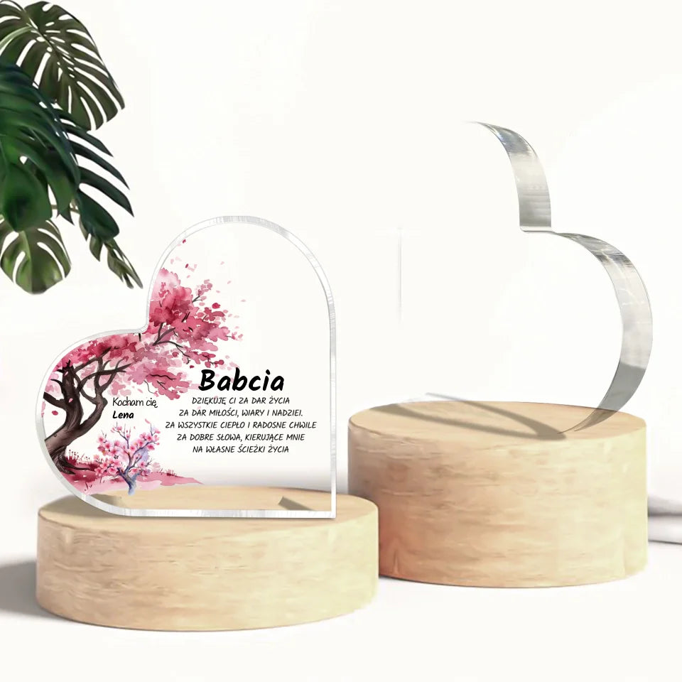 Serce z pięknym drzewkiem dla babci - akrylowe serce, spersonalizowany prezent dla babci