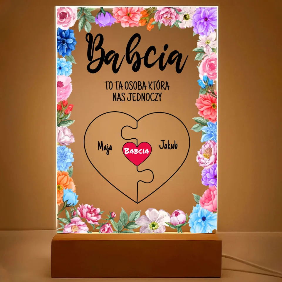 BABCIA TO TA OSOBA KTÓRA NAS JEDNOCZY - druk na szkle akrylowym, spersonalizowany prezent dla babci