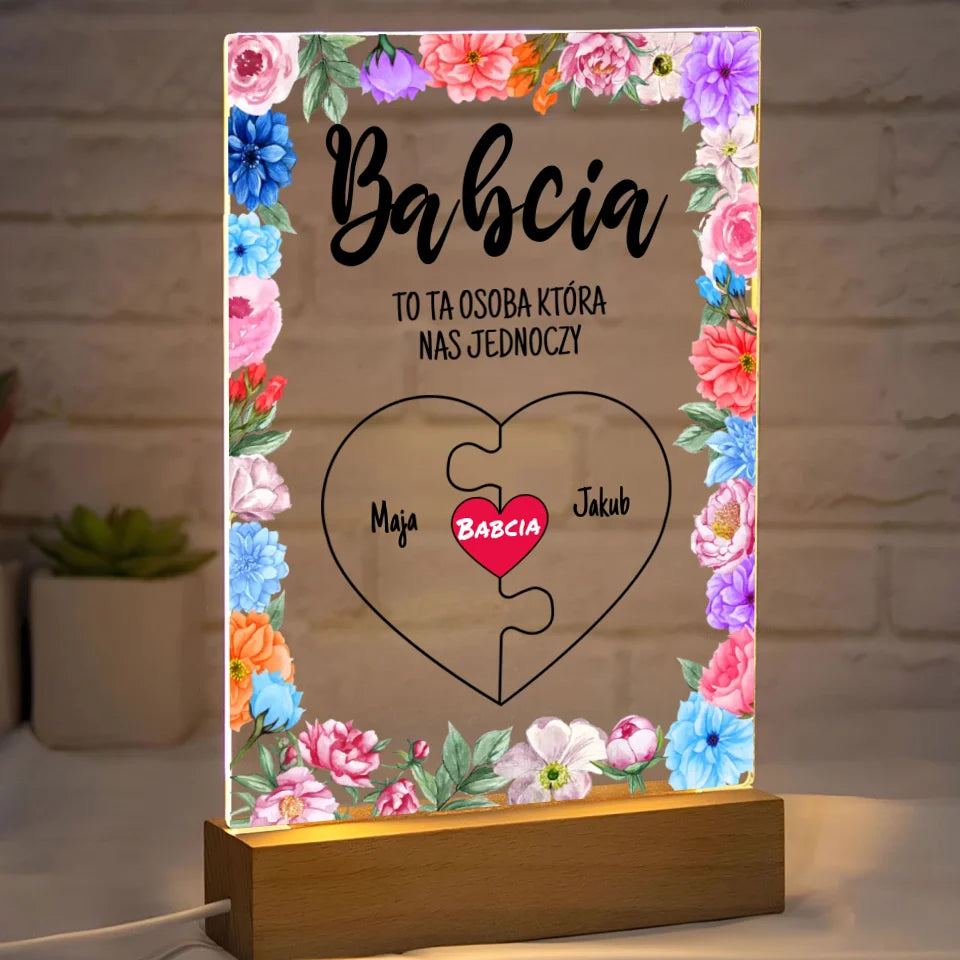 BABCIA TO TA OSOBA KTÓRA NAS JEDNOCZY - druk na szkle akrylowym, spersonalizowany prezent dla babci