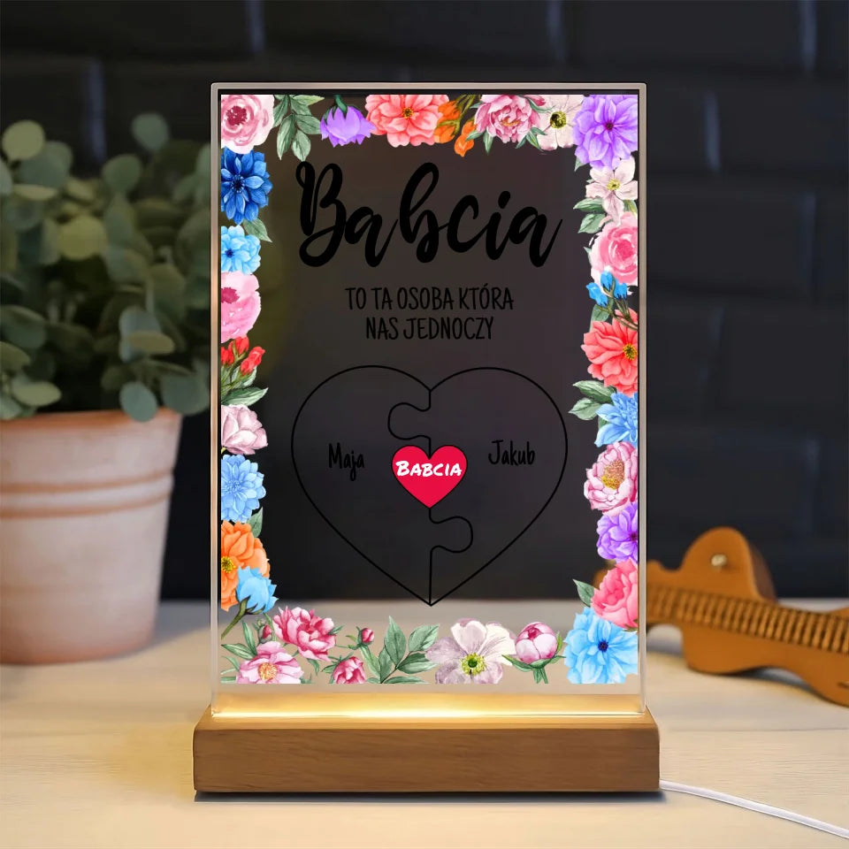 BABCIA TO TA OSOBA KTÓRA NAS JEDNOCZY - druk na szkle akrylowym, spersonalizowany prezent dla babci