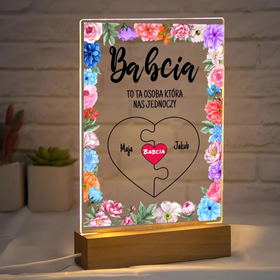 BABCIA TO TA OSOBA KTÓRA NAS JEDNOCZY - druk na szkle akrylowym, spersonalizowany prezent dla babci