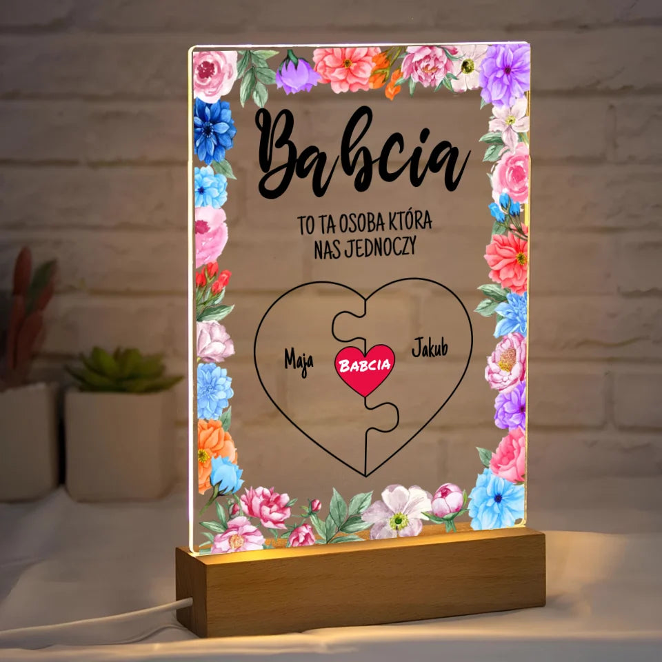 BABCIA TO TA OSOBA KTÓRA NAS JEDNOCZY - druk na szkle akrylowym, spersonalizowany prezent dla babci