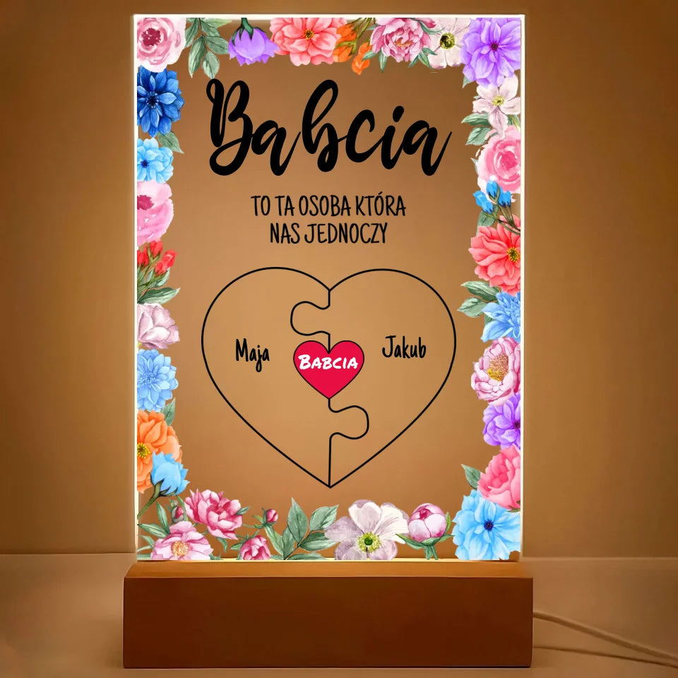 BABCIA TO TA OSOBA KTÓRA NAS JEDNOCZY - druk na szkle akrylowym, spersonalizowany prezent dla babci