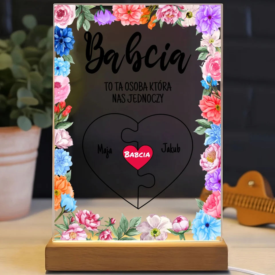 BABCIA TO TA OSOBA KTÓRA NAS JEDNOCZY - druk na szkle akrylowym, spersonalizowany prezent dla babci