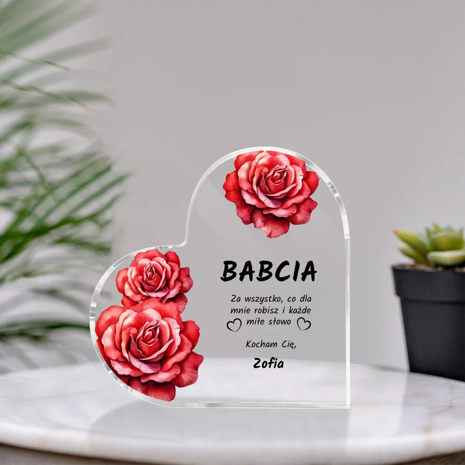 Serce z kwiatami dla babci - akrylowe serce, spersonalizowany prezent dla babci