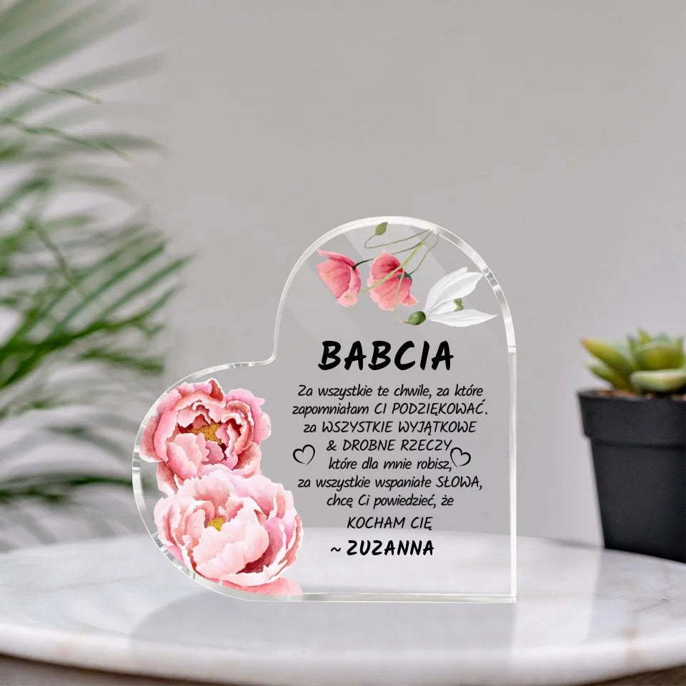 Serce z kwiatami dla babci #2 - akrylowe serce, spersonalizowany prezent dla babci