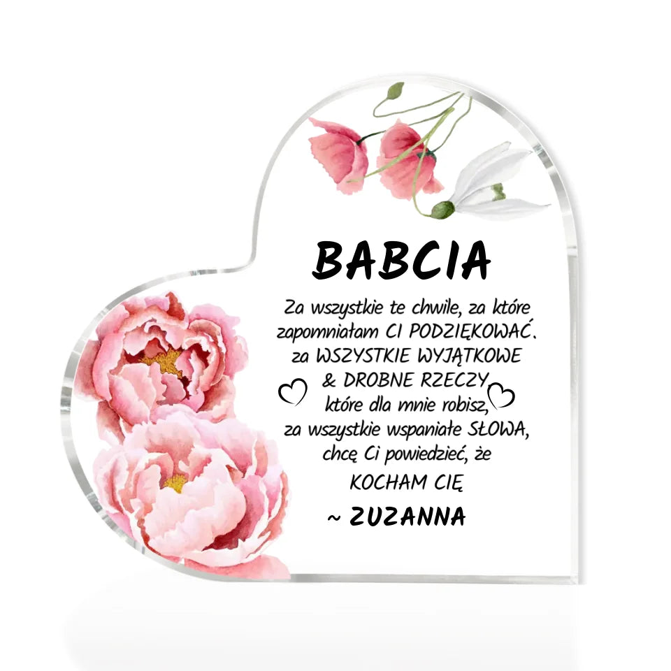 Serce z kwiatami dla babci #2 - akrylowe serce, spersonalizowany prezent dla babci