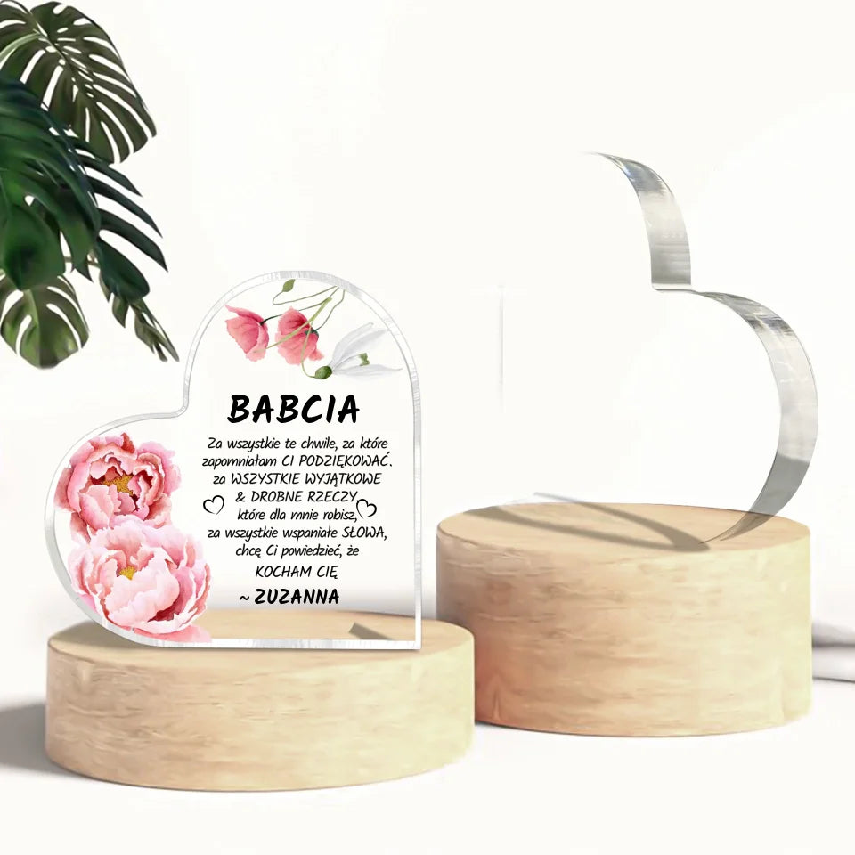Serce z kwiatami dla babci #2 - akrylowe serce, spersonalizowany prezent dla babci