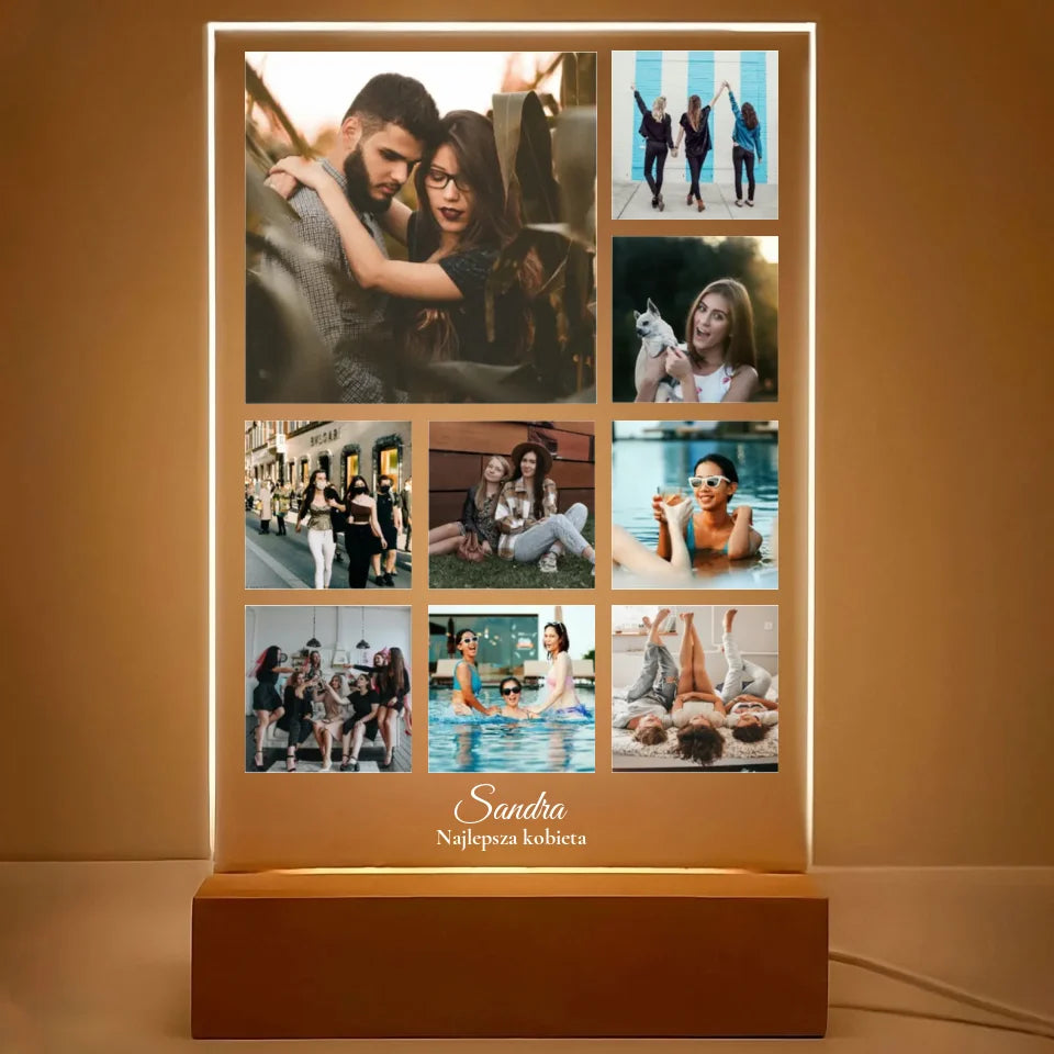 Kolaż na 9 zdjęć z imieniem - Druk na szkle, spersonalizowany prezent dla kobiety, przyjaciółki, dziewczyny, żony, pary