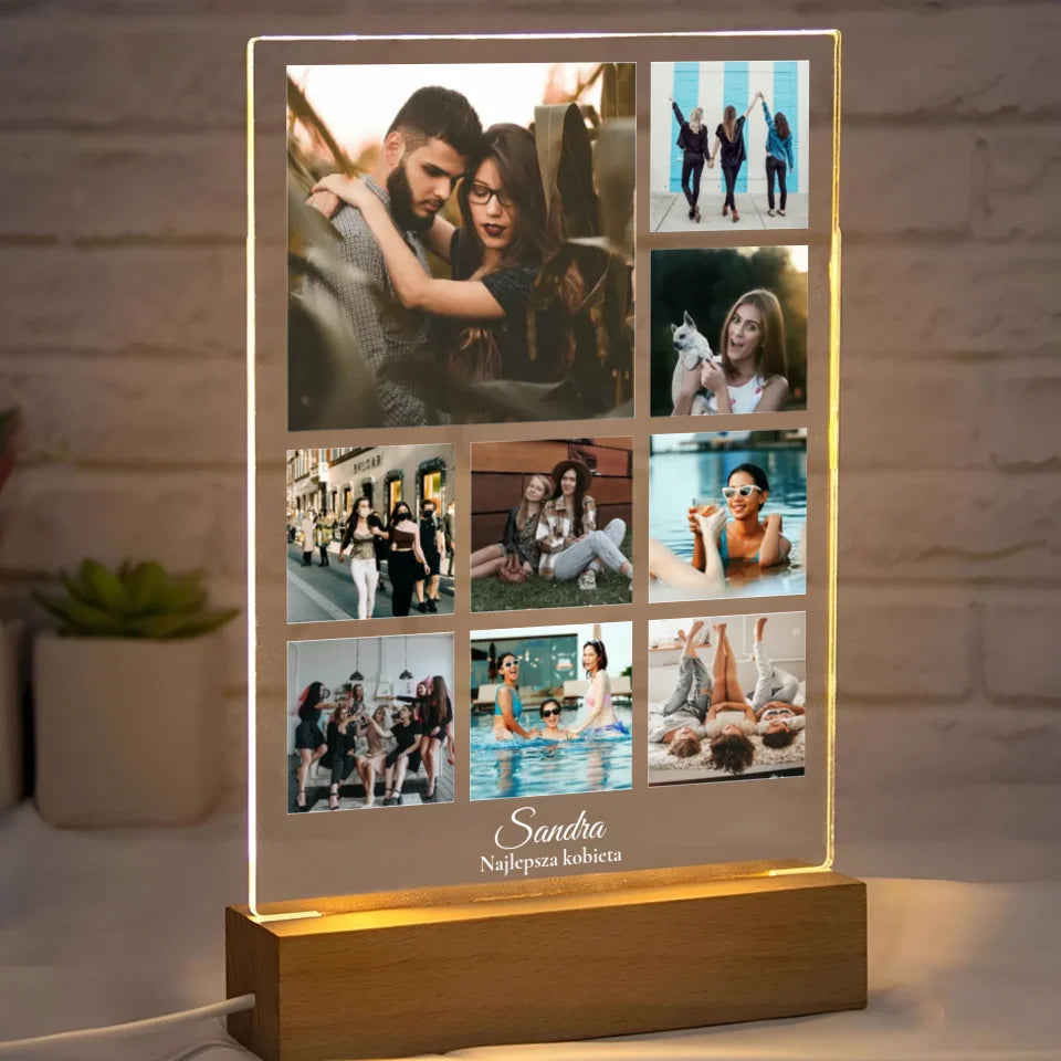 Kolaż na 9 zdjęć z imieniem - Druk na szkle, spersonalizowany prezent dla kobiety, przyjaciółki, dziewczyny, żony, pary