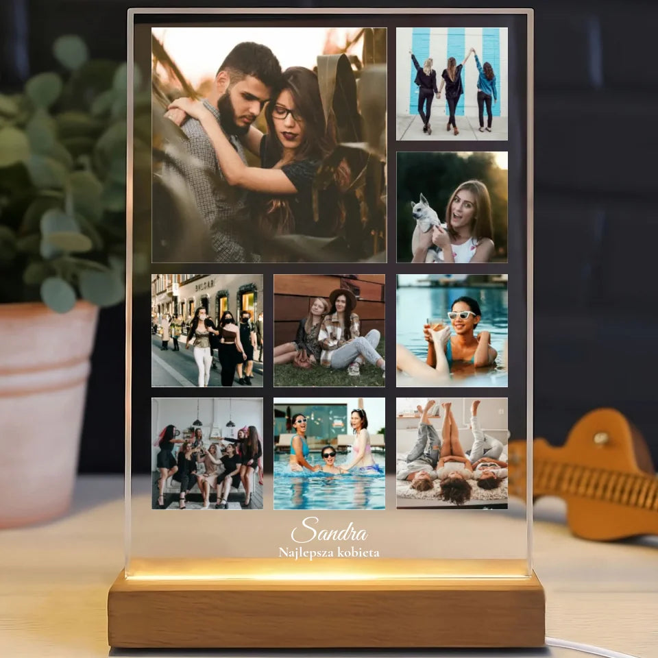 Kolaż na 9 zdjęć z imieniem - Druk na szkle, spersonalizowany prezent dla kobiety, przyjaciółki, dziewczyny, żony, pary
