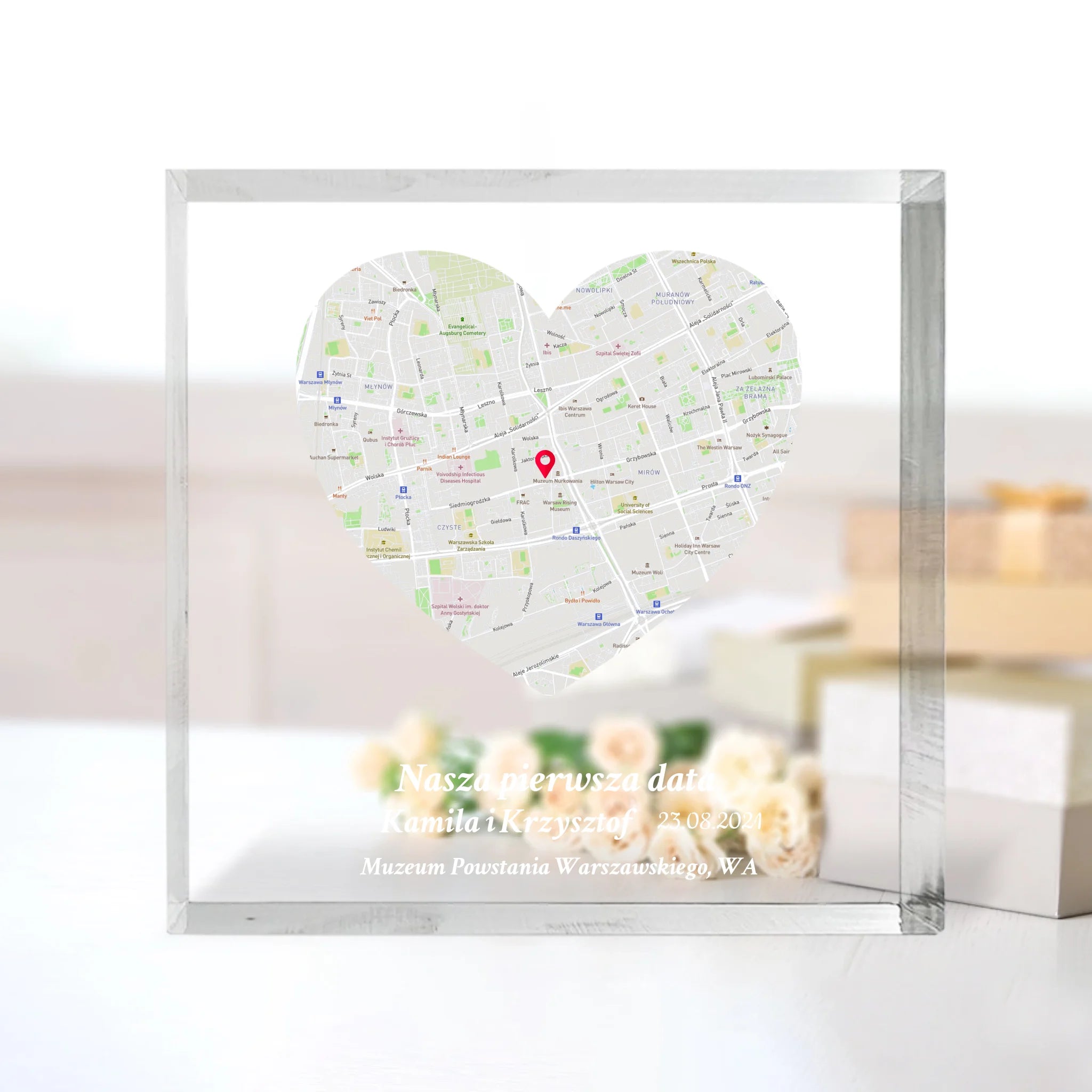 Nasza pierwsza randka (Serce) - kwadrat akrylowy, spersonalizowany prezent dla pary