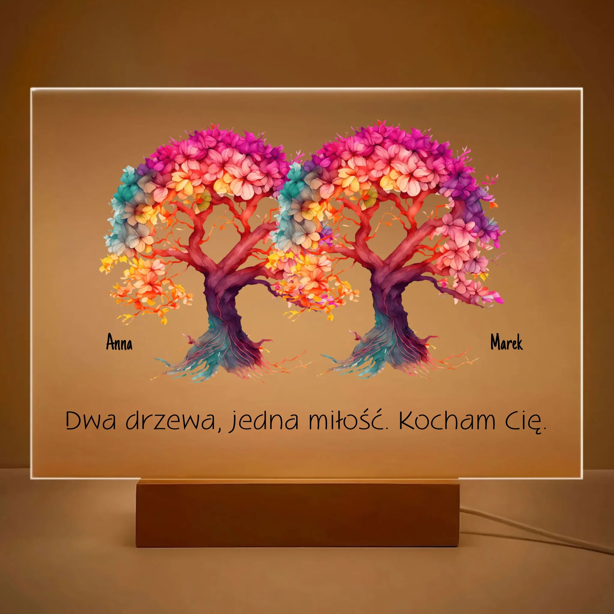 Dwa drzewa, jedna miłość - Druk na szkle, spersonalizowany prezent pary