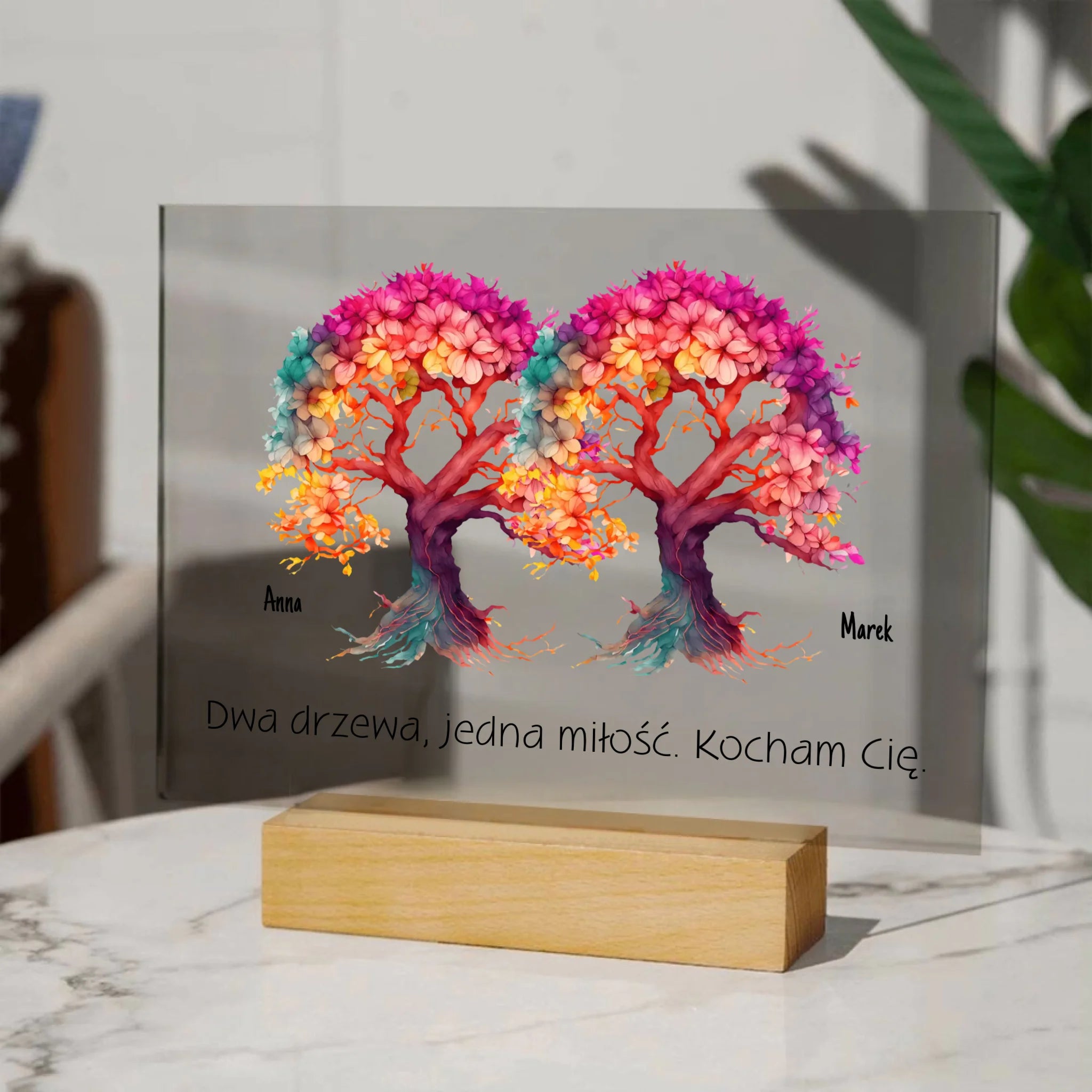 Dwa drzewa, jedna miłość - Druk na szkle, spersonalizowany prezent pary