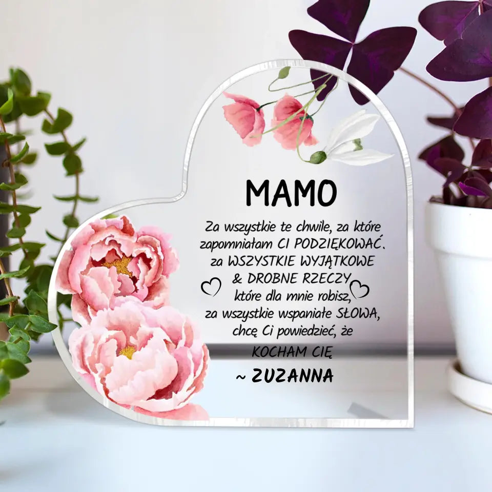 Serce z kwiatami - akrylowe serce, spersonalizowany prezent  dla mamy