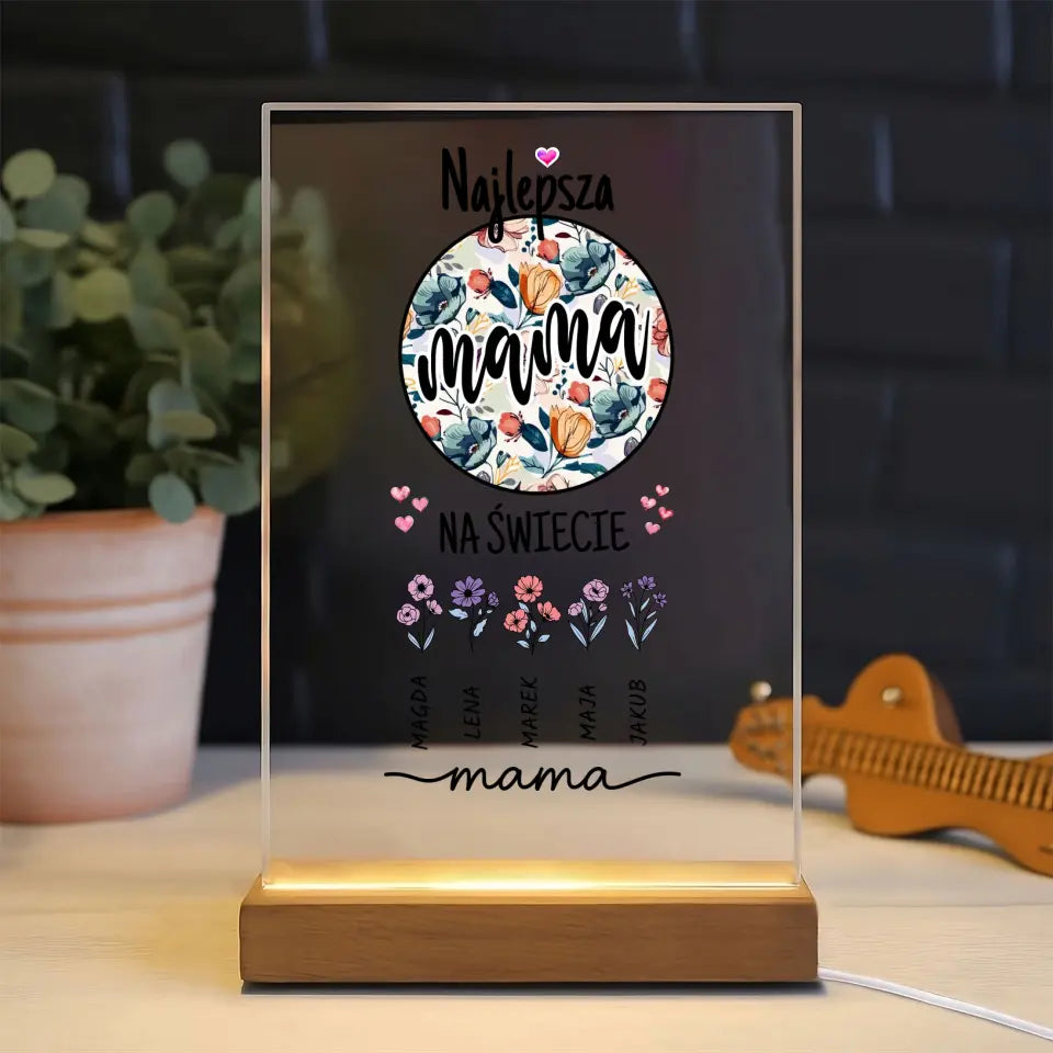Najlepsza mama na świecie z imionami dzieci w formie kwiatów - Druk na szkle, spersonalizowany prezent  dla mamy
